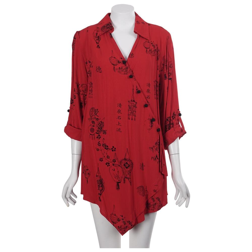 Soft Surroundings Tunic Top M Red Asian Print Button Up Long Sleeve Asymmetric